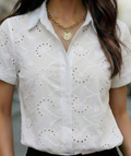 Women's Solid Color Short Sleeve Semi-Sheer Mesh Shirt, Shirt Collar, Button Front - Lightweight Polyester Spring & Summer Office Casual Blouse White