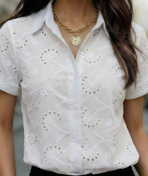 Women's Solid Color Short Sleeve Semi-Sheer Mesh Shirt, Shirt Collar, Button Front - Lightweight Polyester Spring & Summer Office Casual Blouse White