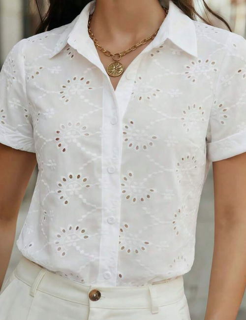 Women's Solid Color Short Sleeve Semi-Sheer Mesh Shirt, Shirt Collar, Button Front - Lightweight Polyester Spring & Summer Office Casual Blouse White