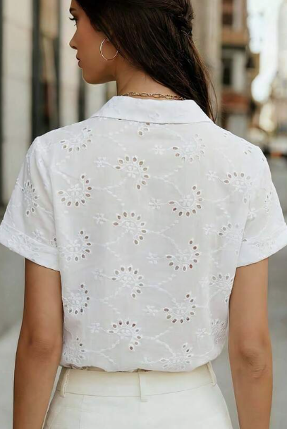 Women's Solid Color Short Sleeve Semi-Sheer Mesh Shirt, Shirt Collar, Button Front - Lightweight Polyester Spring & Summer Office Casual Blouse White