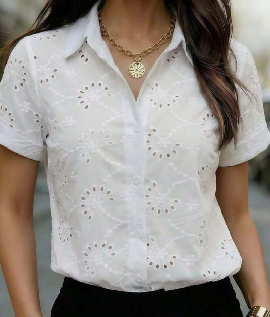 Women's Solid Color Short Sleeve Semi-Sheer Mesh Shirt, Shirt Collar, Button Front - Lightweight Polyester Spring & Summer Office Casual Blouse White