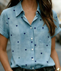 Women's Short Sleeve Heart Print Button Shirt, Pointed Collar With Chest Pocket, Cute Casual Top, Suitable For Office, Home, Vacation And Daily Wear, Perfect For Spring And Summer
