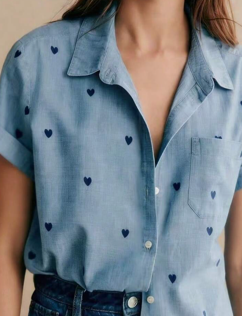 Women's Short Sleeve Heart Print Button Shirt, Pointed Collar With Chest Pocket, Cute Casual Top, Suitable For Office, Home, Vacation And Daily Wear, Perfect For Spring And Summer