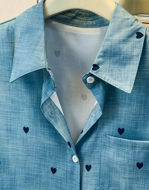 Women's Short Sleeve Heart Print Button Shirt, Pointed Collar With Chest Pocket, Cute Casual Top, Suitable For Office, Home, Vacation And Daily Wear, Perfect For Spring And Summer