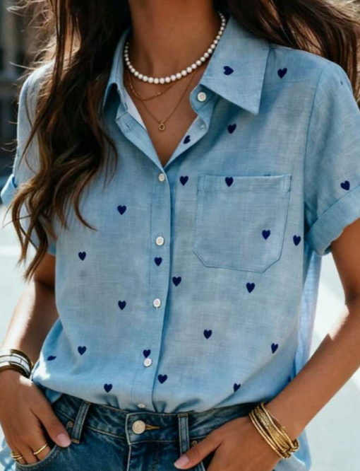 Women's Short Sleeve Heart Print Button Shirt, Pointed Collar With Chest Pocket, Cute Casual Top, Suitable For Office, Home, Vacation And Daily Wear, Perfect For Spring And Summer